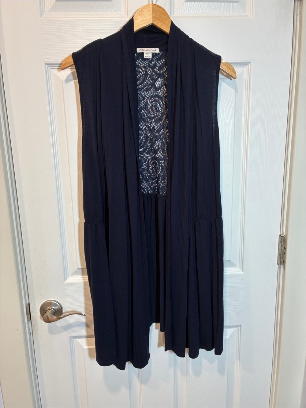 Coldwater Creek Navy Sleeveless Lace-Back Drape Vest